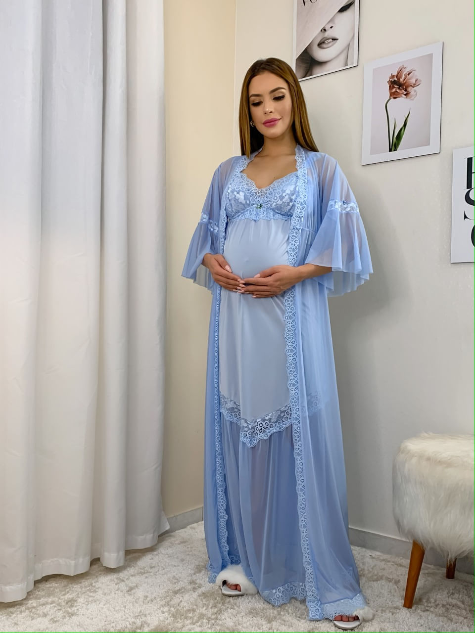 Camisola Gestante Longa com Tule Lisa Azul Bebê - lojablow